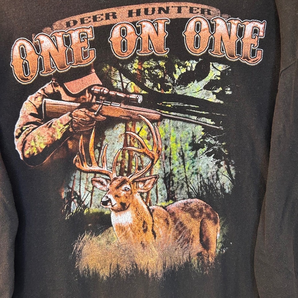 Vintage Deer Hunter One On One Mens XL Black Long Sleeve Graphic T Shirt